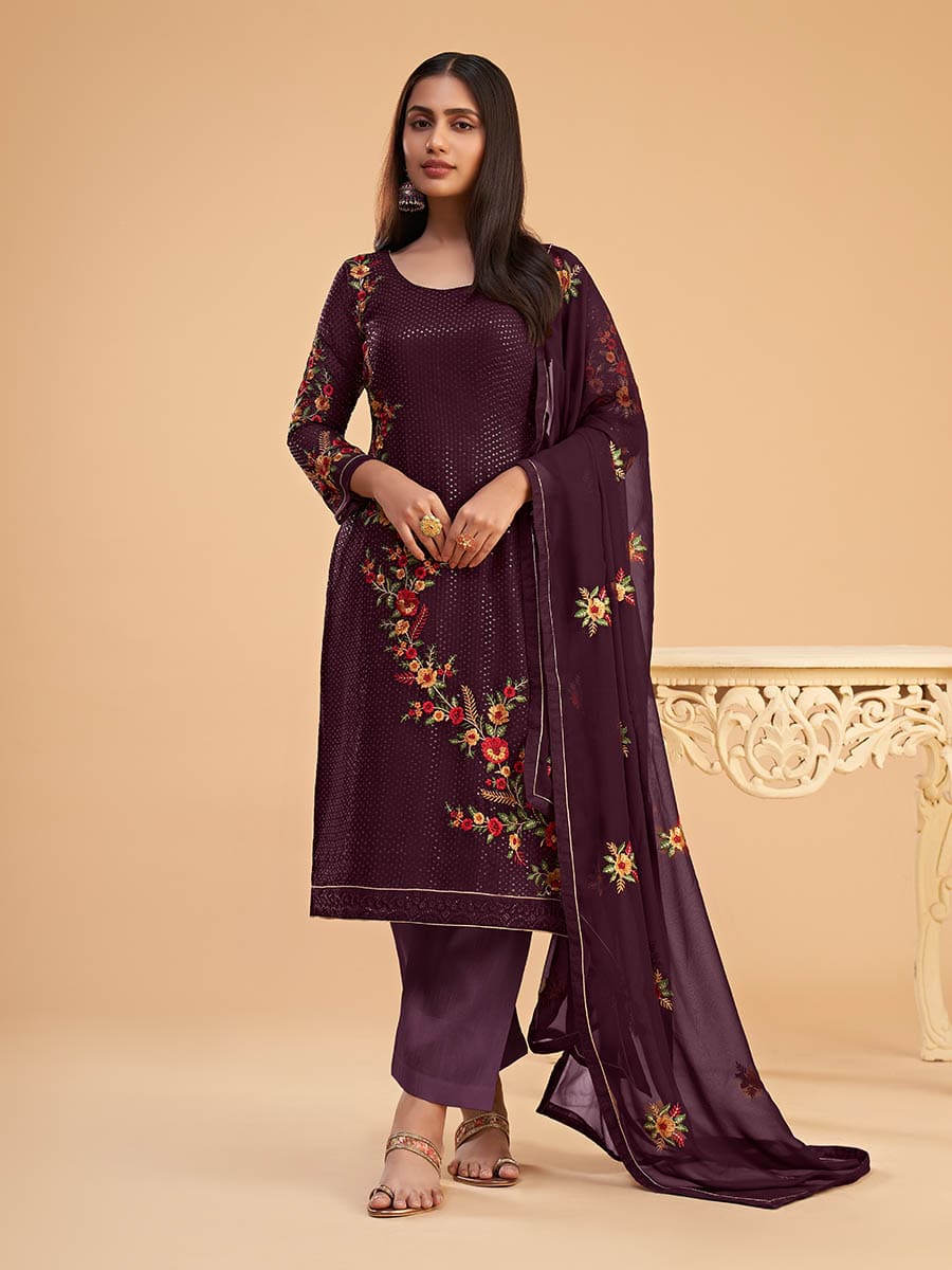 Myra Wine Georgette Embroidered Pant Style Suit | Grocsy