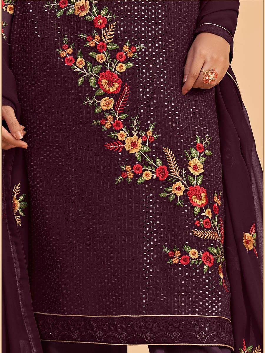 Myra Wine Georgette Embroidered Pant Style Suit | Grocsy