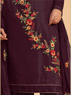 Myra Wine Georgette Embroidered Pant Style Suit | Grocsy