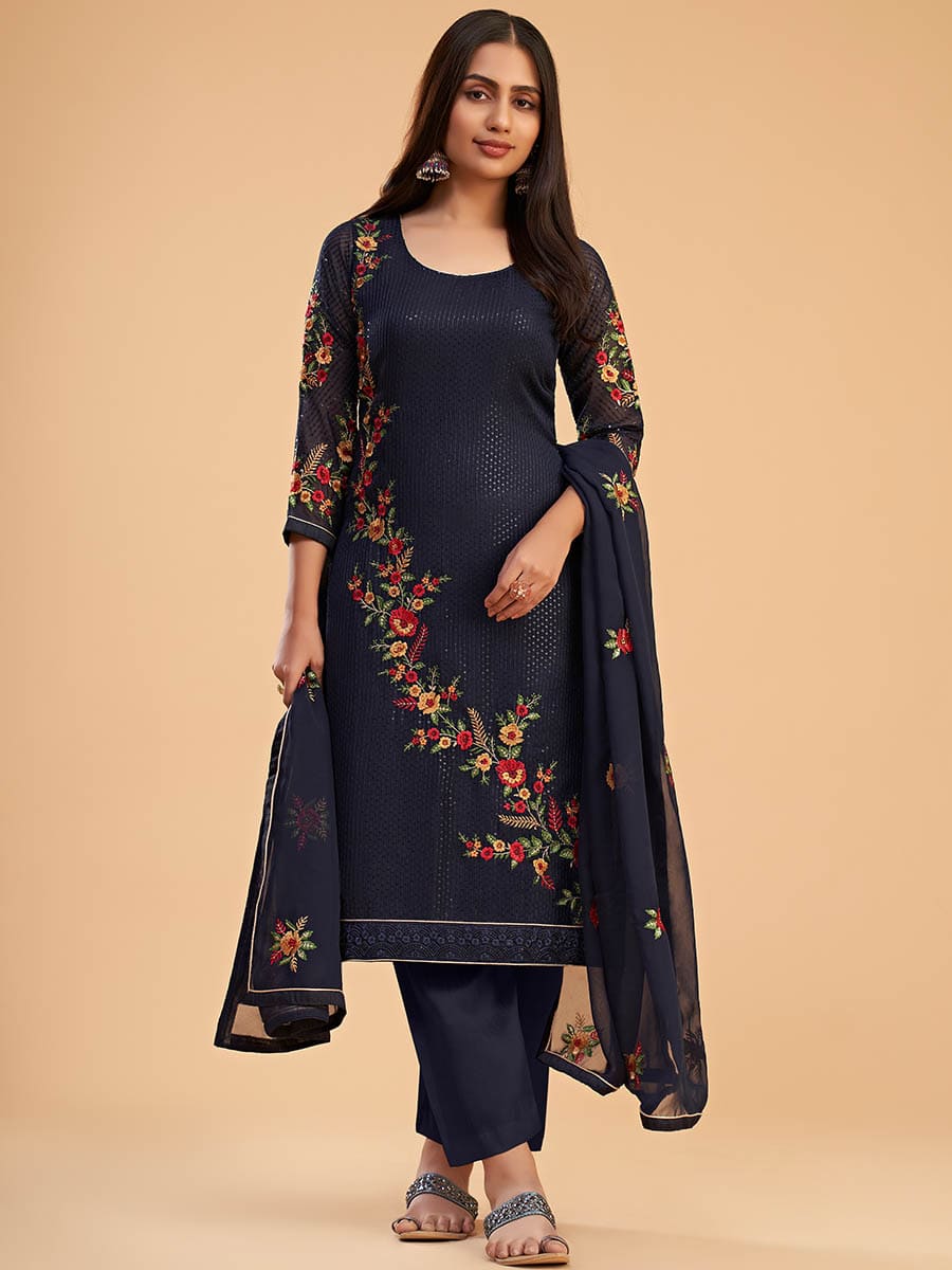 Myra Navy Blue Georgette Embroidered Pant Style Suit | Grocsy