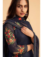 Myra Navy Blue Georgette Embroidered Pant Style Suit | Grocsy