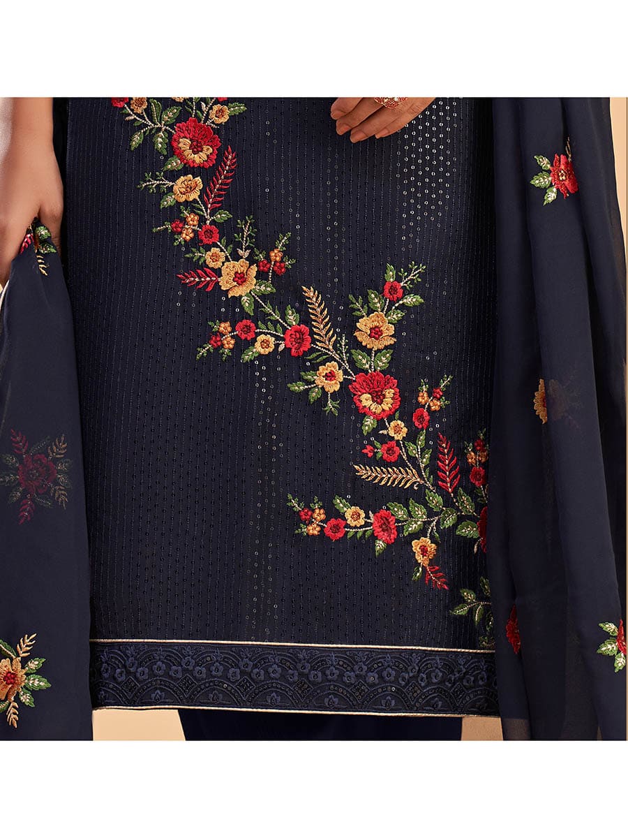 Myra Navy Blue Georgette Embroidered Pant Style Suit | Grocsy