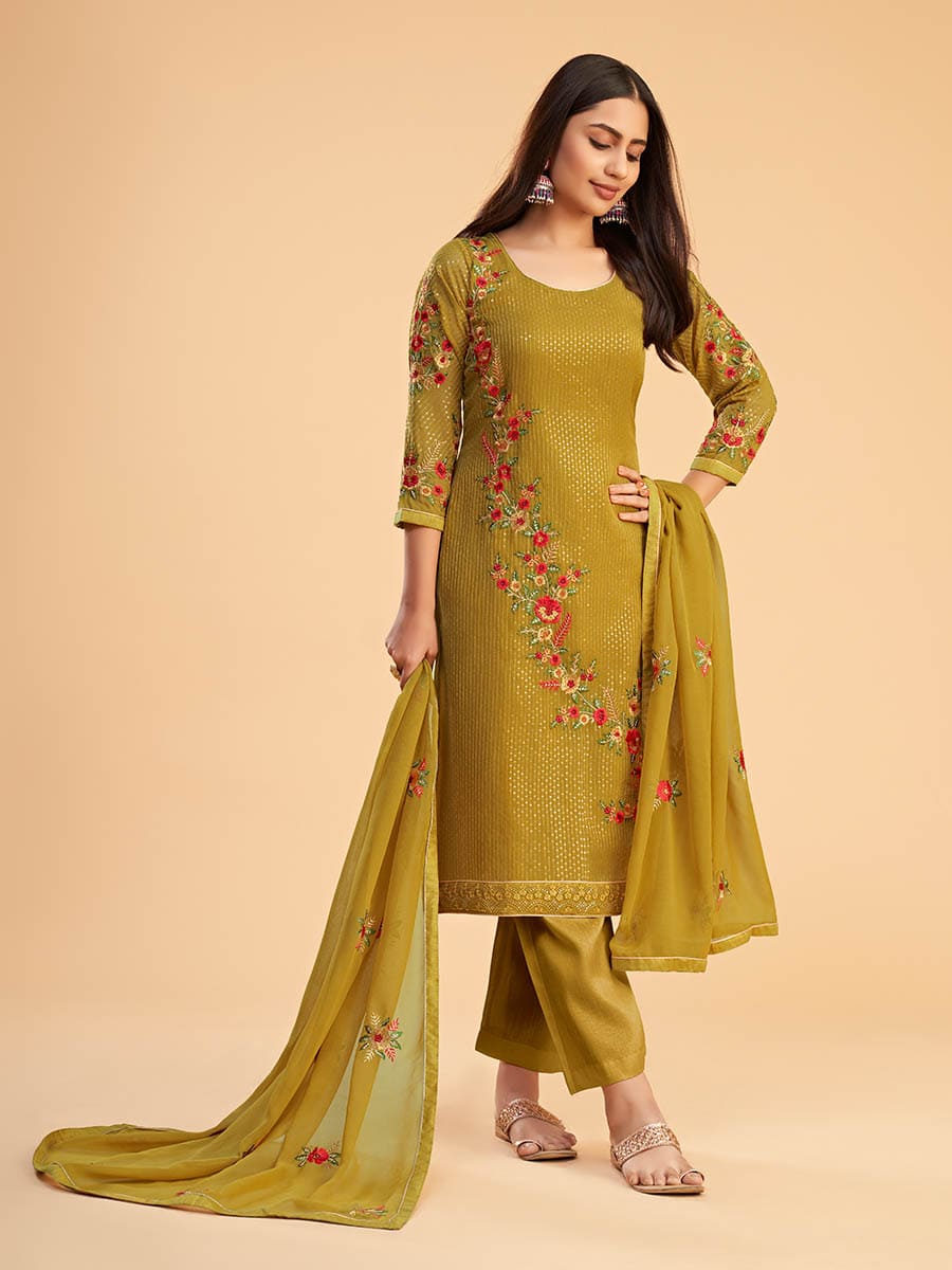 Myra Mustard Yellow Georgette Embroidered Pant Style Suit | Grocsy