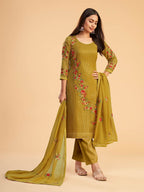 Myra Mustard Yellow Georgette Embroidered Pant Style Suit | Grocsy
