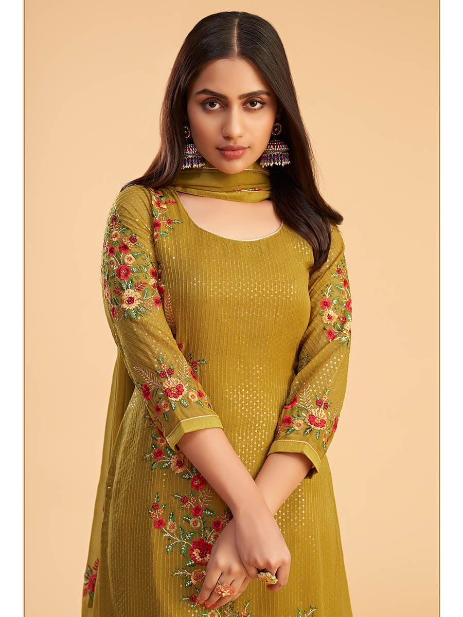 Myra Mustard Yellow Georgette Embroidered Pant Style Suit | Grocsy