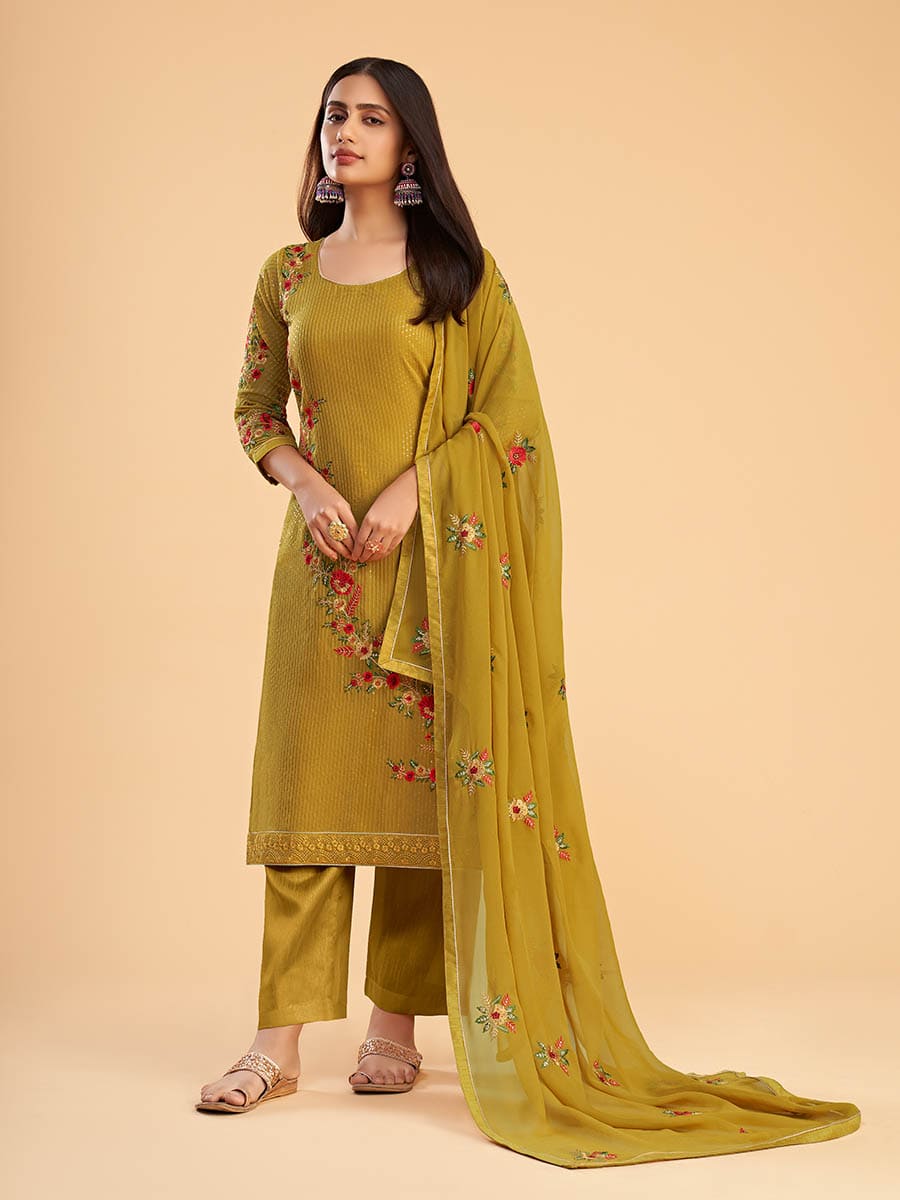 Myra Mustard Yellow Georgette Embroidered Pant Style Suit | Grocsy