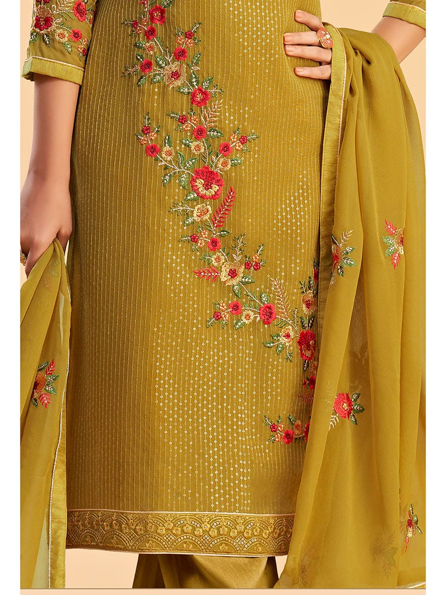 Myra Mustard Yellow Georgette Embroidered Pant Style Suit | Grocsy