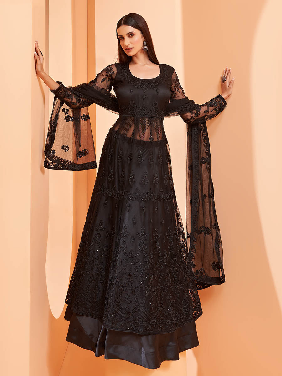Myra Black Butterfly Net Embroidery Anarkali | Grocsy