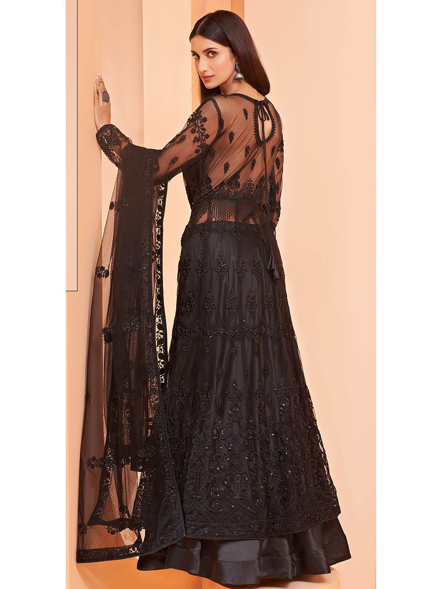 Myra Black Butterfly Net Embroidery Anarkali | Grocsy