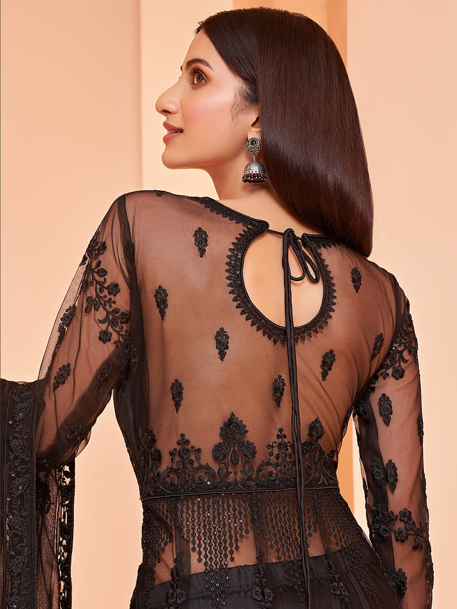 Myra Black Butterfly Net Embroidery Anarkali | Grocsy