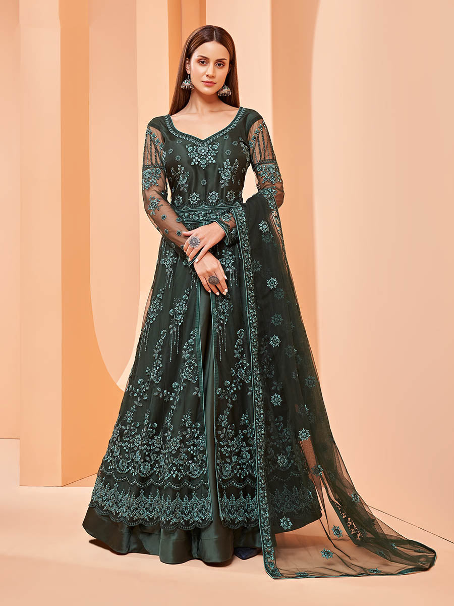 Myra Dark Green Butterfly Net Embroidery Anarkali | Grocsy