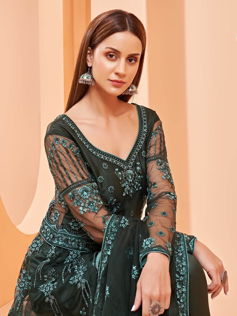 Myra Dark Green Butterfly Net Embroidery Anarkali | Grocsy