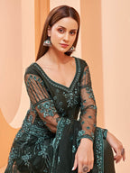 Myra Dark Green Butterfly Net Embroidery Anarkali | Grocsy