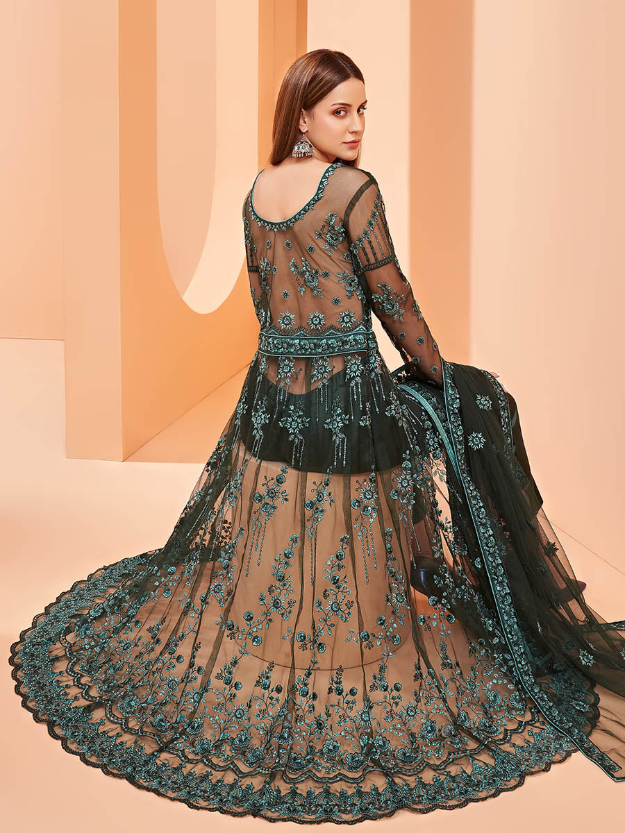 Myra Dark Green Butterfly Net Embroidery Anarkali | Grocsy