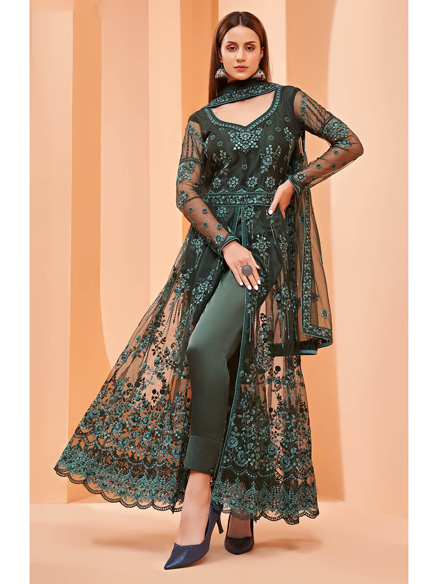 Myra Dark Green Butterfly Net Embroidery Anarkali | Grocsy