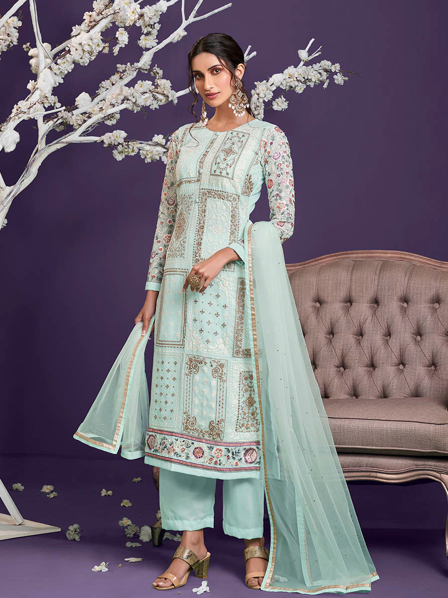 Myra Sea Green Floral Thread Embroidered Palazo Suit | Grocsy