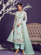 Myra Sea Green Floral Thread Embroidered Palazo Suit | Grocsy