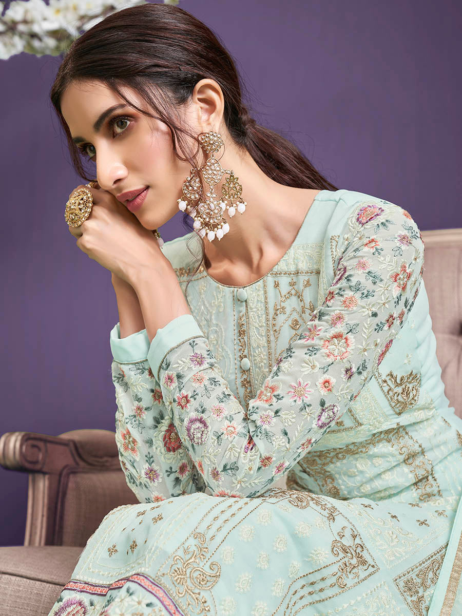 Myra Sea Green Floral Thread Embroidered Palazo Suit | Grocsy