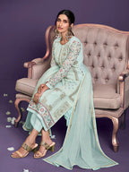 Myra Sea Green Floral Thread Embroidered Palazo Suit | Grocsy