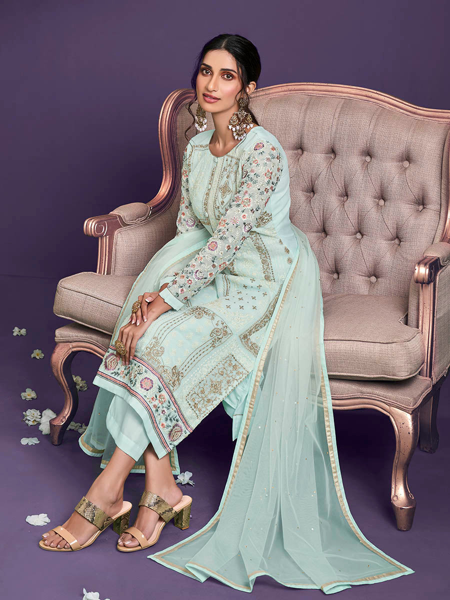 Myra Sea Green Floral Thread Embroidered Palazo Suit | Grocsy