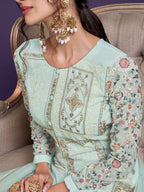 Myra Sea Green Floral Thread Embroidered Palazo Suit | Grocsy