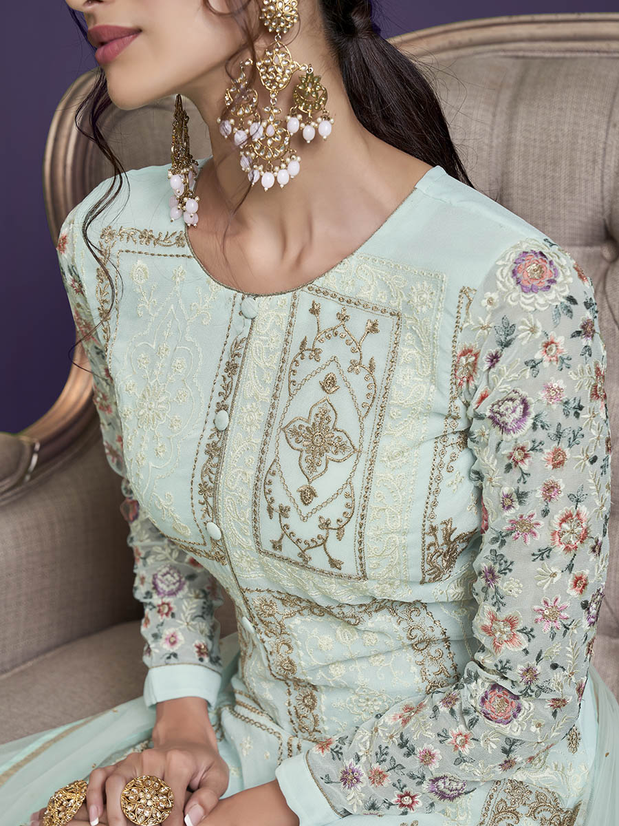 Myra Sea Green Floral Thread Embroidered Palazo Suit | Grocsy