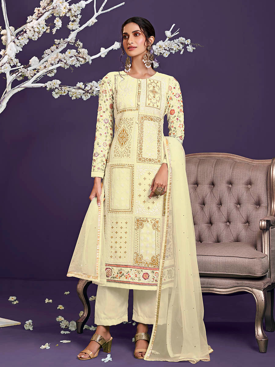 Myra Light Yellow Floral Thread Embroidered Palazo Suit | Grocsy
