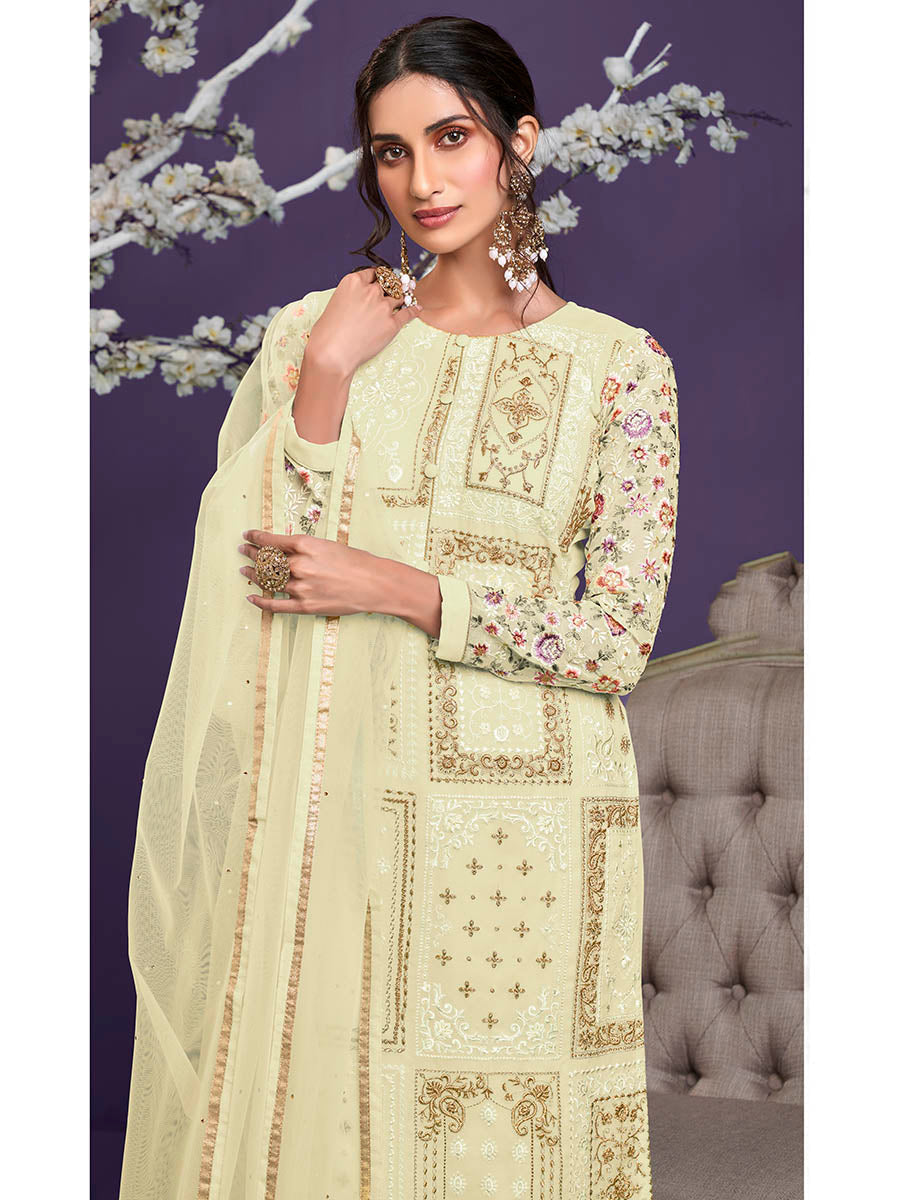 Myra Light Yellow Floral Thread Embroidered Palazo Suit | Grocsy
