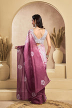 Vastranavya White Onion Digital Printed Linen Ready To Wear Designer Saree with Unstitched Blouse | Grocsy