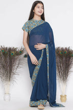 Little Bansi Floral Print Ready To Wear Saree And Floral Blouse - Blue | Grocsy
