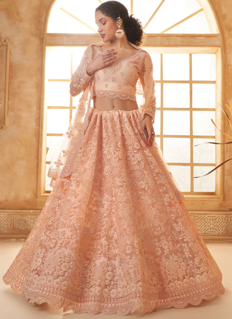 Vegaa Fashion Cream Net Thread Work Wedding Lehenga | Grocsy