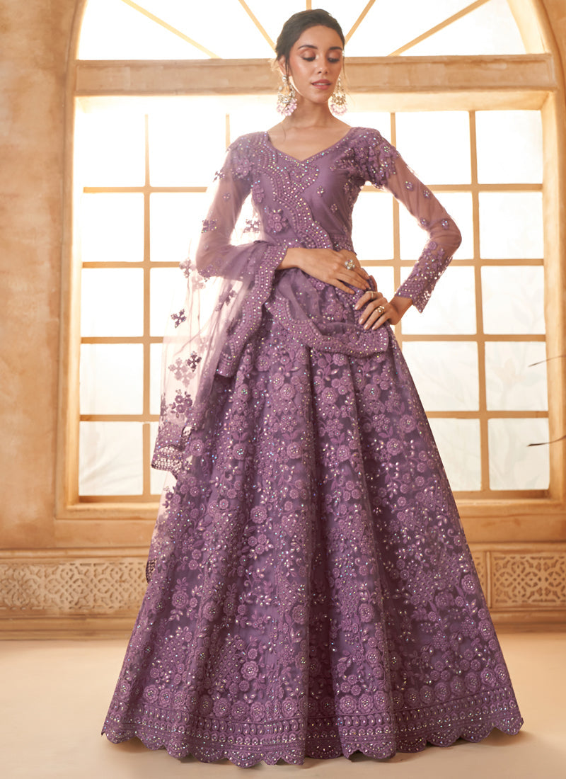 Vegaa Fashion Light Purple Net Thread Work Wedding Lehenga | Grocsy