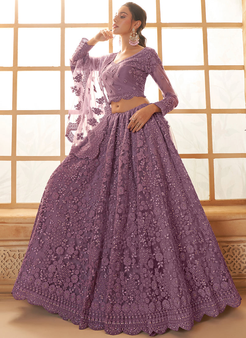 Vegaa Fashion Light Purple Net Thread Work Wedding Lehenga | Grocsy