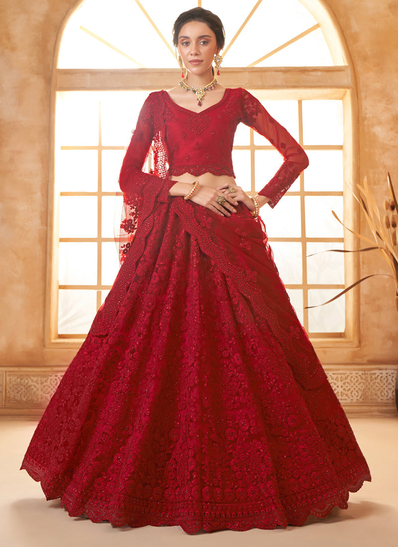 Vegaa Fashion Red Net Thread Work Wedding Lehenga | Grocsy