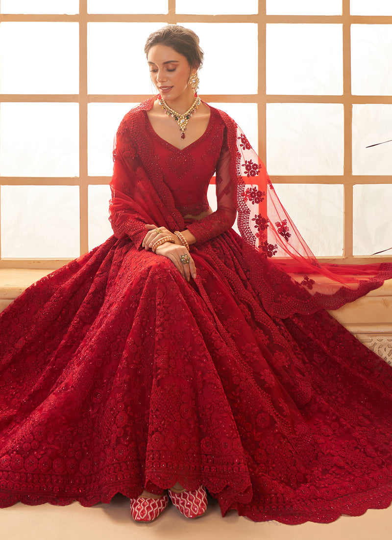 Vegaa Fashion Red Net Thread Work Wedding Lehenga | Grocsy