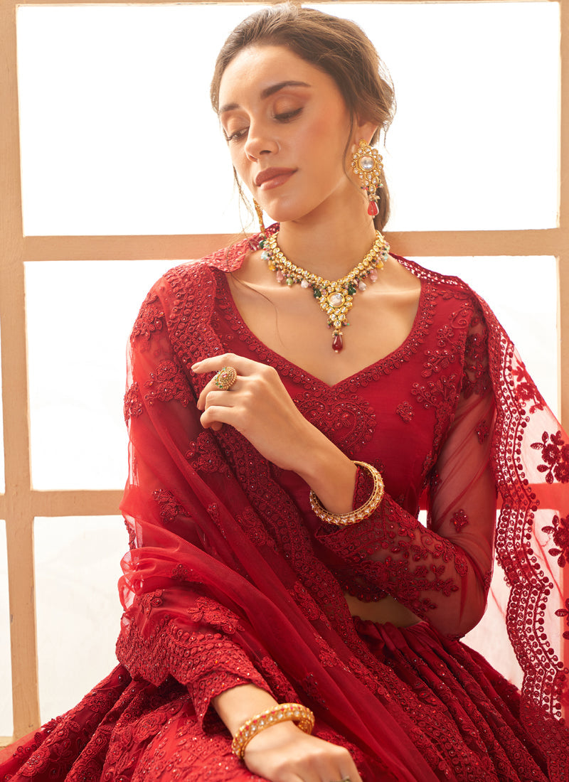 Vegaa Fashion Red Net Thread Work Wedding Lehenga | Grocsy