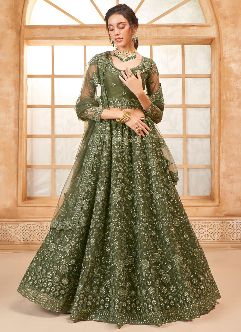 Vegaa Fashion Mehendi Net Thread Work Wedding Lehenga | Grocsy