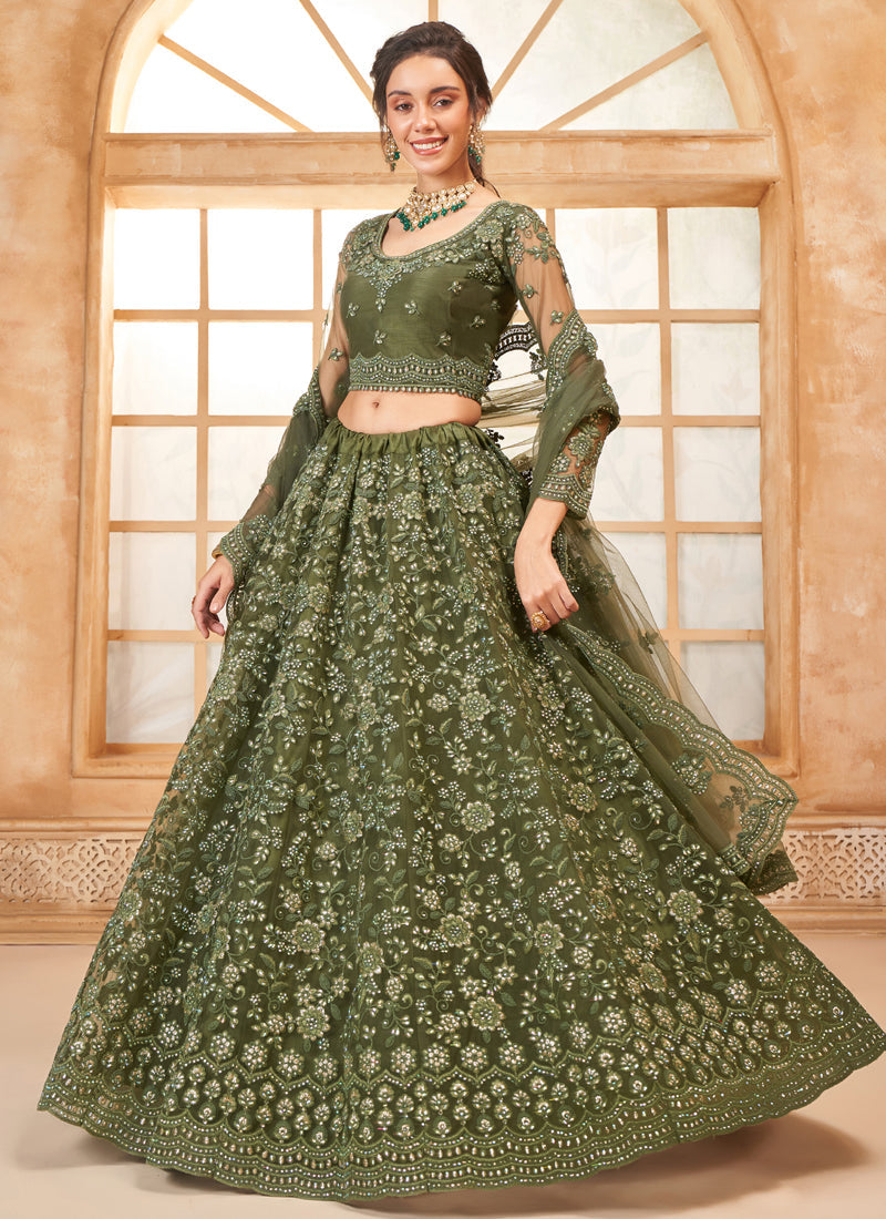 Vegaa Fashion Mehendi Net Thread Work Wedding Lehenga | Grocsy