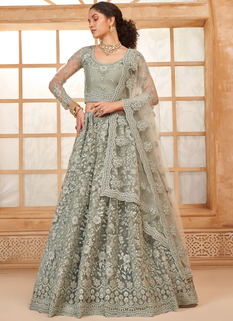 Vegaa Fashion Grey Net Thread Work Wedding Lehenga | Grocsy