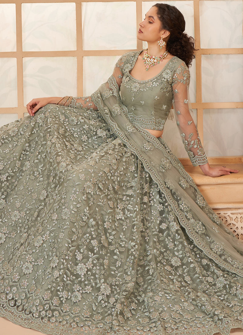 Vegaa Fashion Grey Net Thread Work Wedding Lehenga | Grocsy