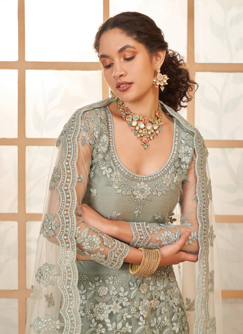 Vegaa Fashion Grey Net Thread Work Wedding Lehenga | Grocsy