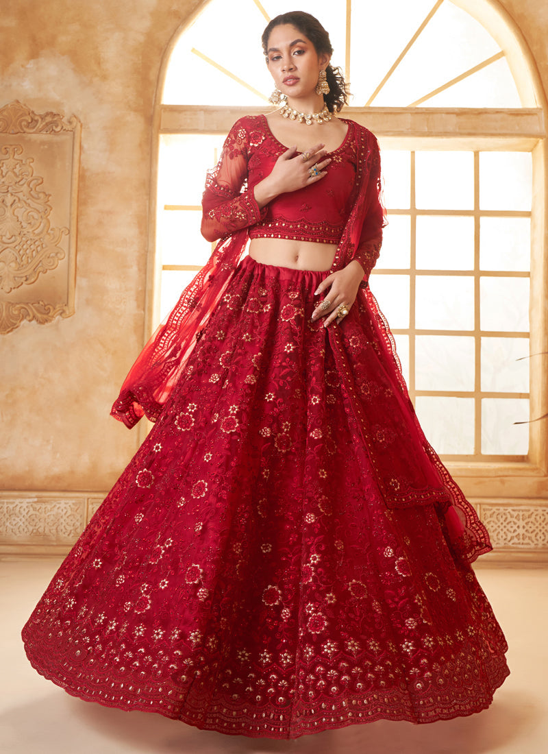 Vegaa Fashion Red Net Thread Work Wedding Lehenga | Grocsy
