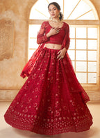 Vegaa Fashion Red Net Thread Work Wedding Lehenga | Grocsy