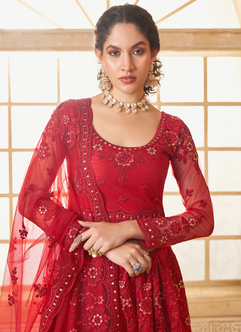 Vegaa Fashion Red Net Thread Work Wedding Lehenga | Grocsy
