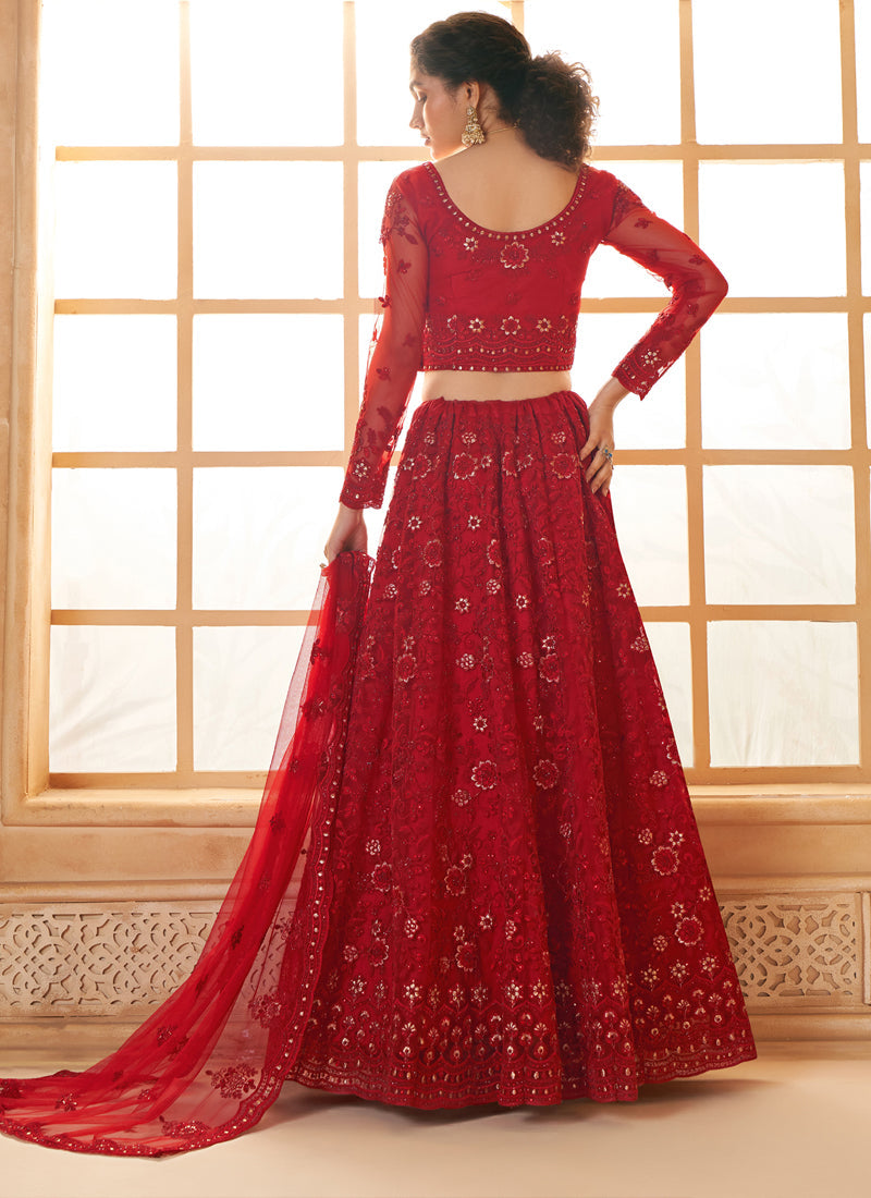 Vegaa Fashion Red Net Thread Work Wedding Lehenga | Grocsy