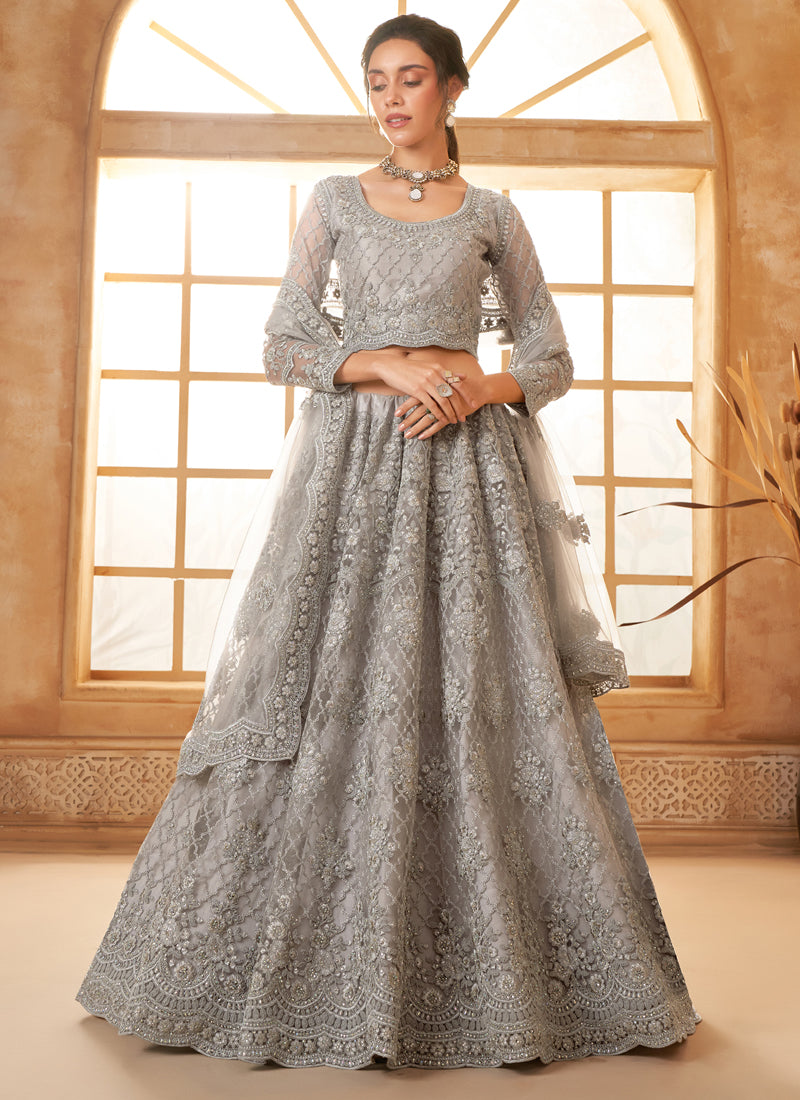 Vegaa Fashion Grey Net Thread Work Wedding Lehenga | Grocsy
