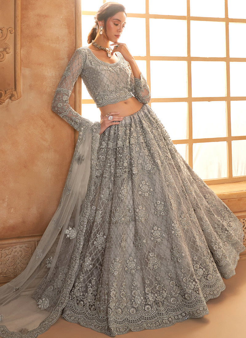 Vegaa Fashion Grey Net Thread Work Wedding Lehenga | Grocsy
