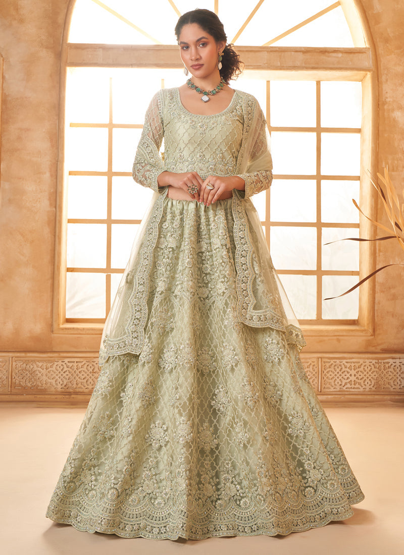 Vegaa Fashion Light Green Net Thread Work Wedding Lehenga | Grocsy
