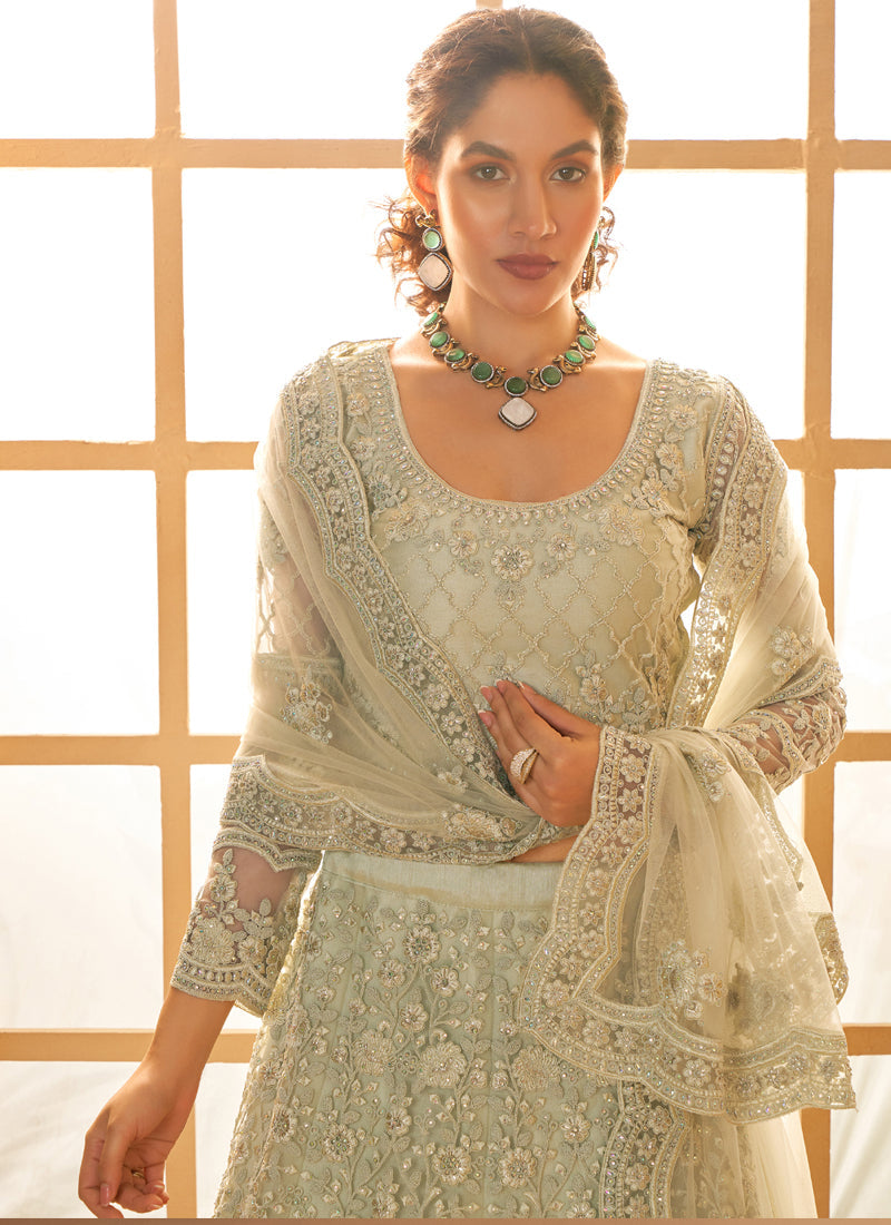 Vegaa Fashion Light Green Net Thread Work Wedding Lehenga | Grocsy