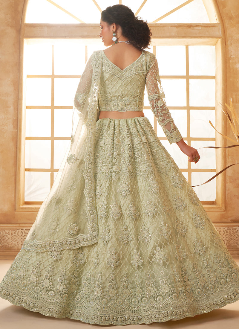 Vegaa Fashion Light Green Net Thread Work Wedding Lehenga | Grocsy